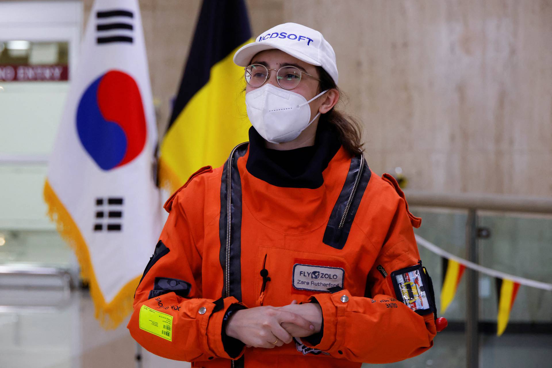 Belgian-British pilot Zara Rutherford, 19, speaks during an interview with Reuters after landing at Gimpo International airport in Seoul