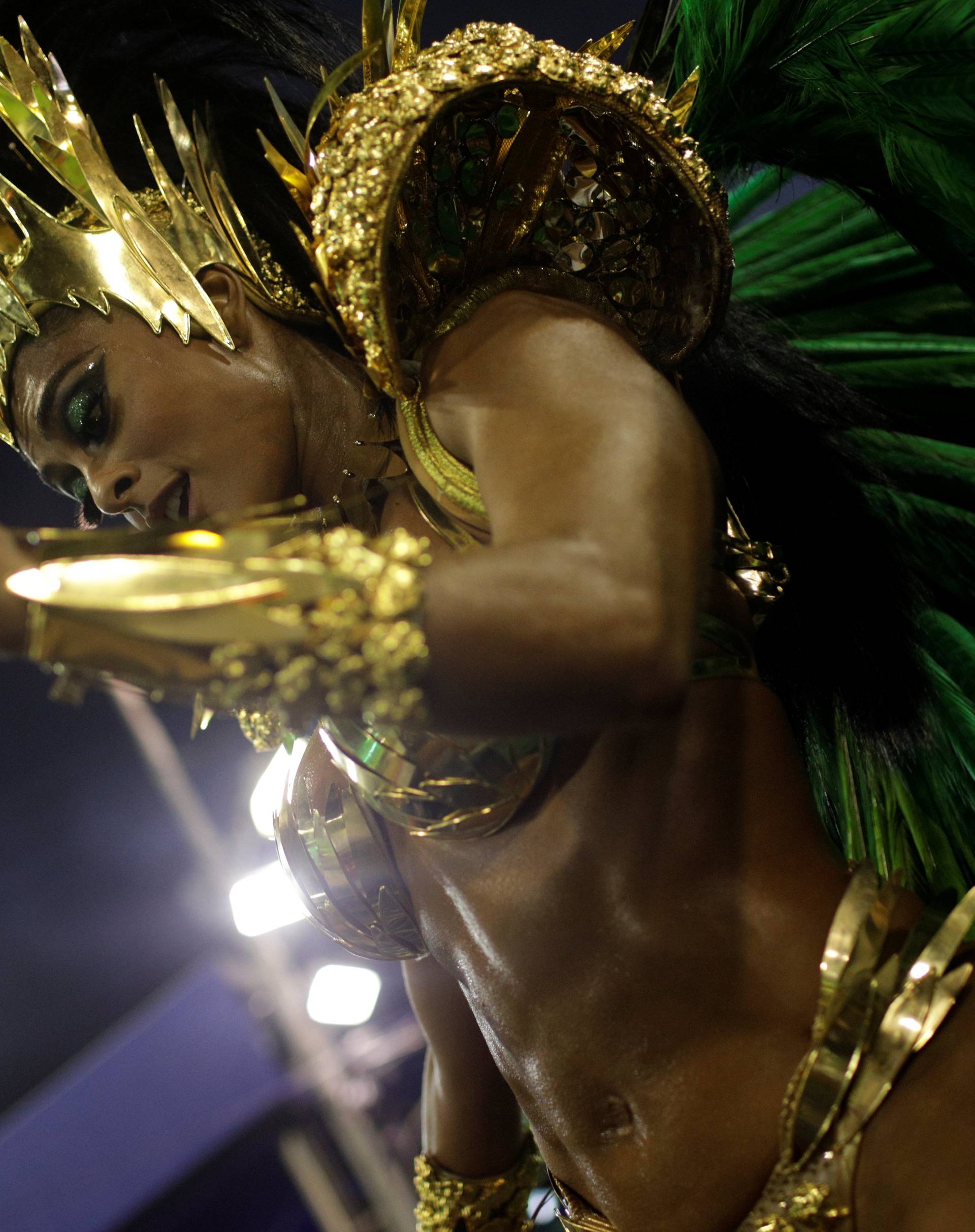 Drum queen Juliana Paes from Grande Rio Samba school perform during the first night of the Carnival parade at the Sambadrome in Rio de Janeiro