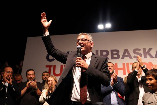 New Turkish Cypriot leader Erhurman celebrates winning the Turkish Cypriot elections in divided capital Nicosia