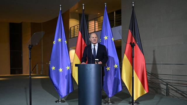 German Chancellor Scholz attends media briefing after sacking Finance Minister Lindner, in Berlin