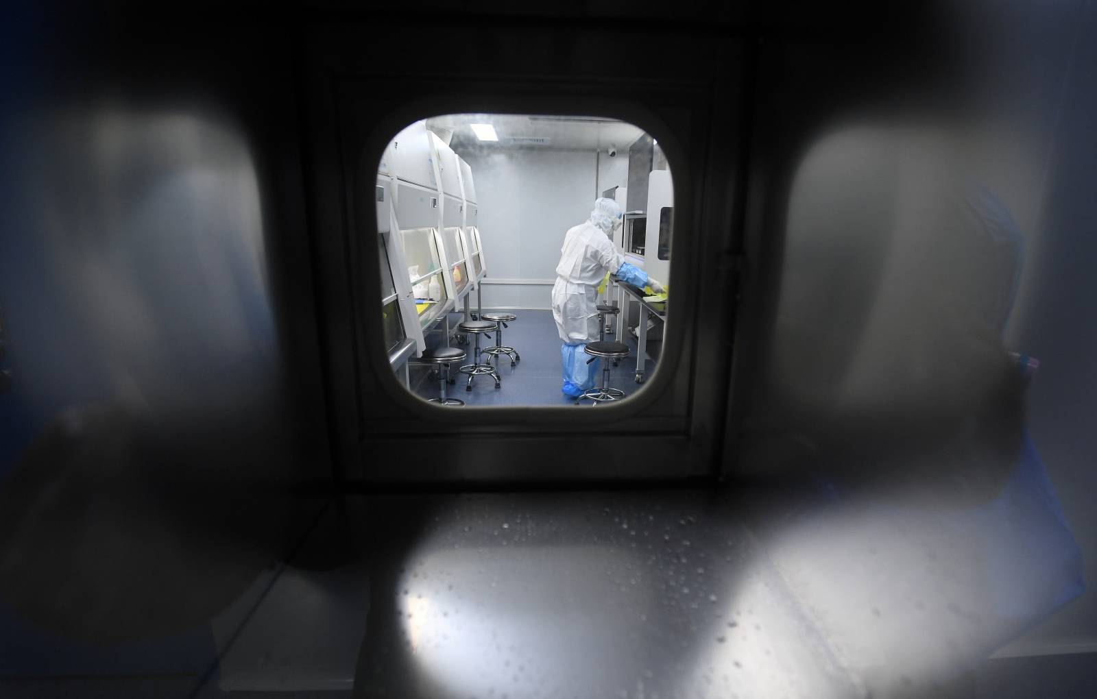 Worker in protective suit examines specimens inside a laboratory following an outbreak of the novel coronavirus in Wuhan