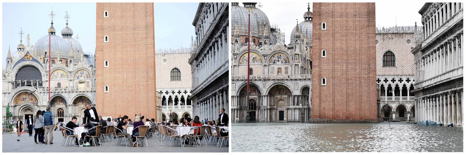 A combination picture shows St. Mark's Square before and after floods in Venice