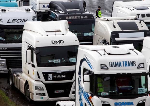 Protest by truck drivers and transport union representatives over disruptions linked to the European Union's new Entry-Exit System, in Gevgelija