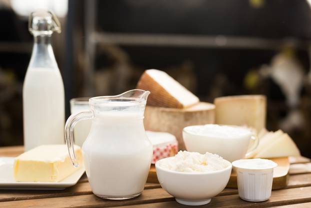 jug of milk, bottle of kefir, cottage cheese, cream and yogurt i
