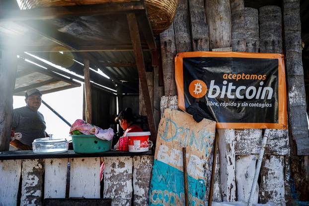 FILE PHOTO: A banner is seen at a beach cafe on Punta Roca Beach in La Libertad