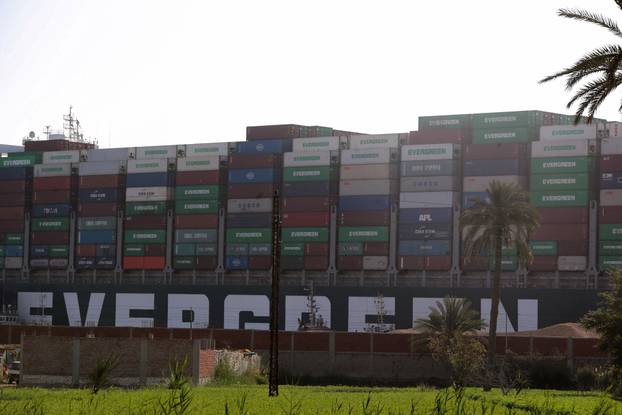 Stranded container ship Ever Given, one of the world's largest container ships, is seen after it ran aground, in Suez Canal