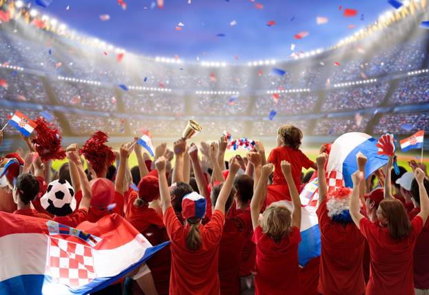 Croatia,Football,Supporter,On,Stadium.,Croatian,Fans,Cheer,On,Soccer