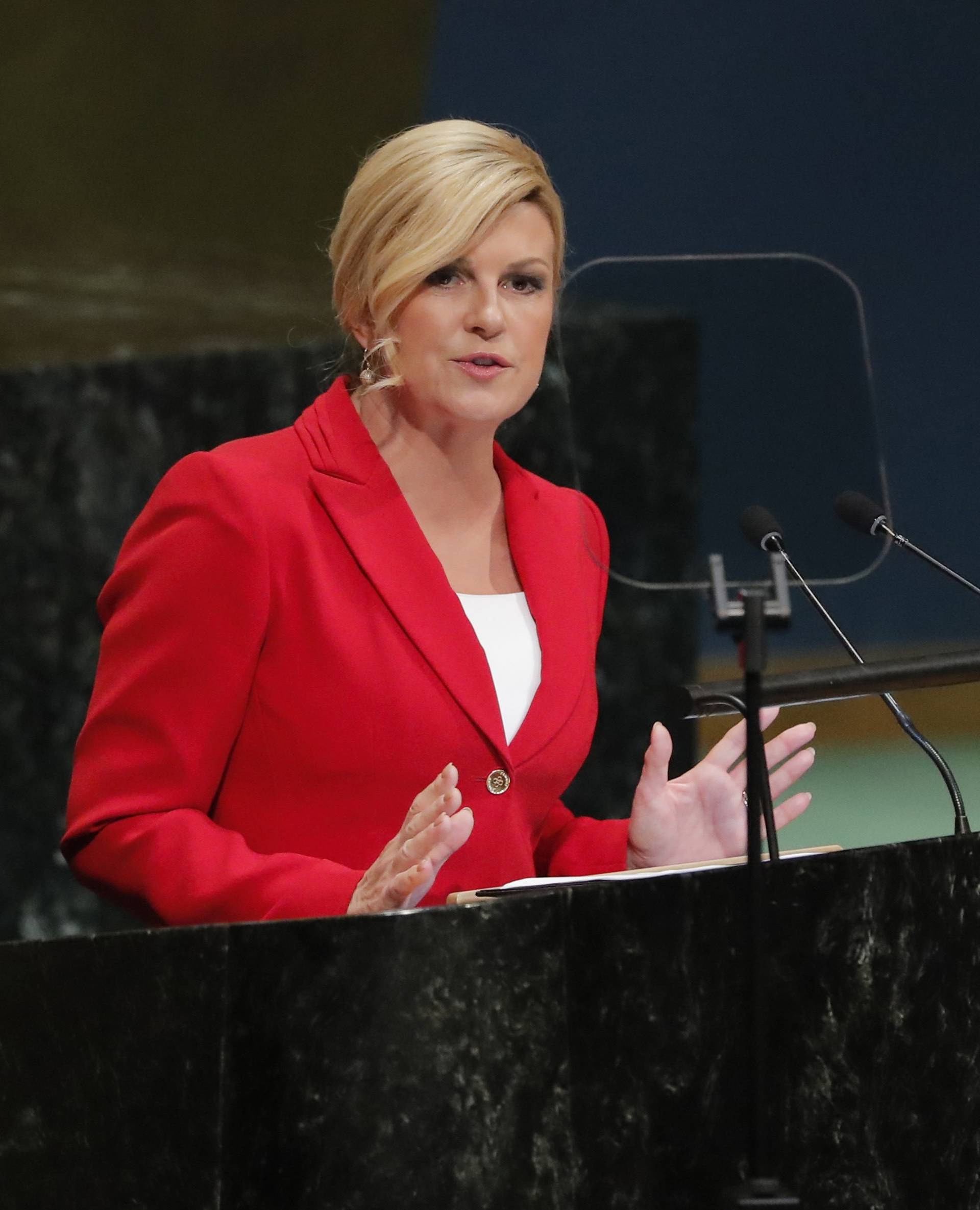 Croatia's President Kolinda Grabar-Kitarovic addresses the United Nations General Assembly in New York