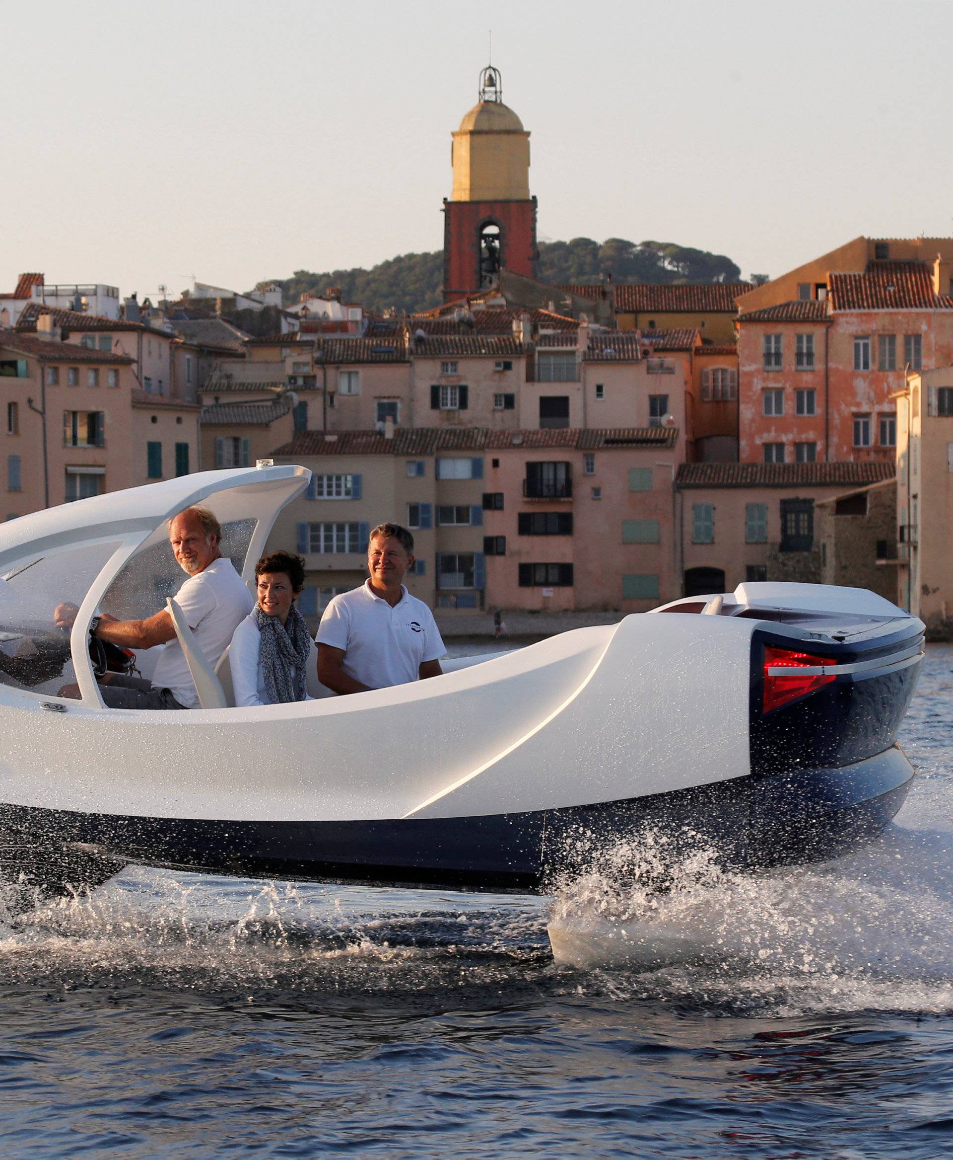 SeaBubbles executives are seen aboard prototype of their water taxi in the harbour of Saint-Tropez