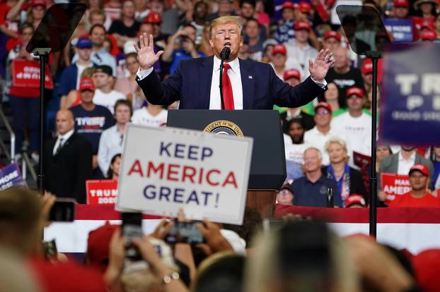 U.S. President Donald Trump speaks at a campaign kick off rally at the Amway Center in Orlando