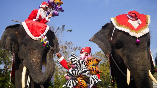 Elephants in Santa Claus costumes visit a school in Ayutthaya