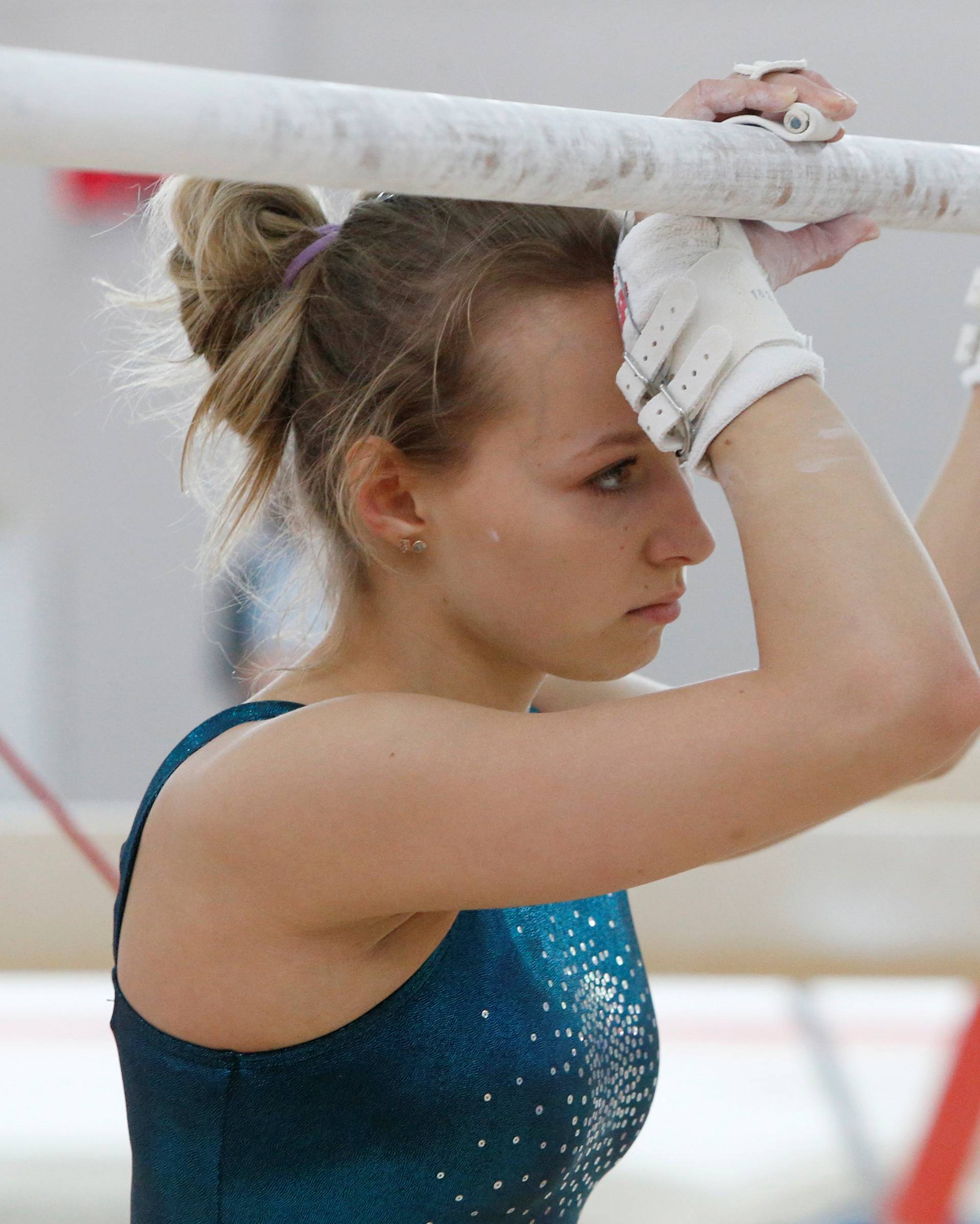 Member of women's gymnastics Russian Olympic team Spiridonova attends training session at Ozero Krugloe training centre outside Moscow