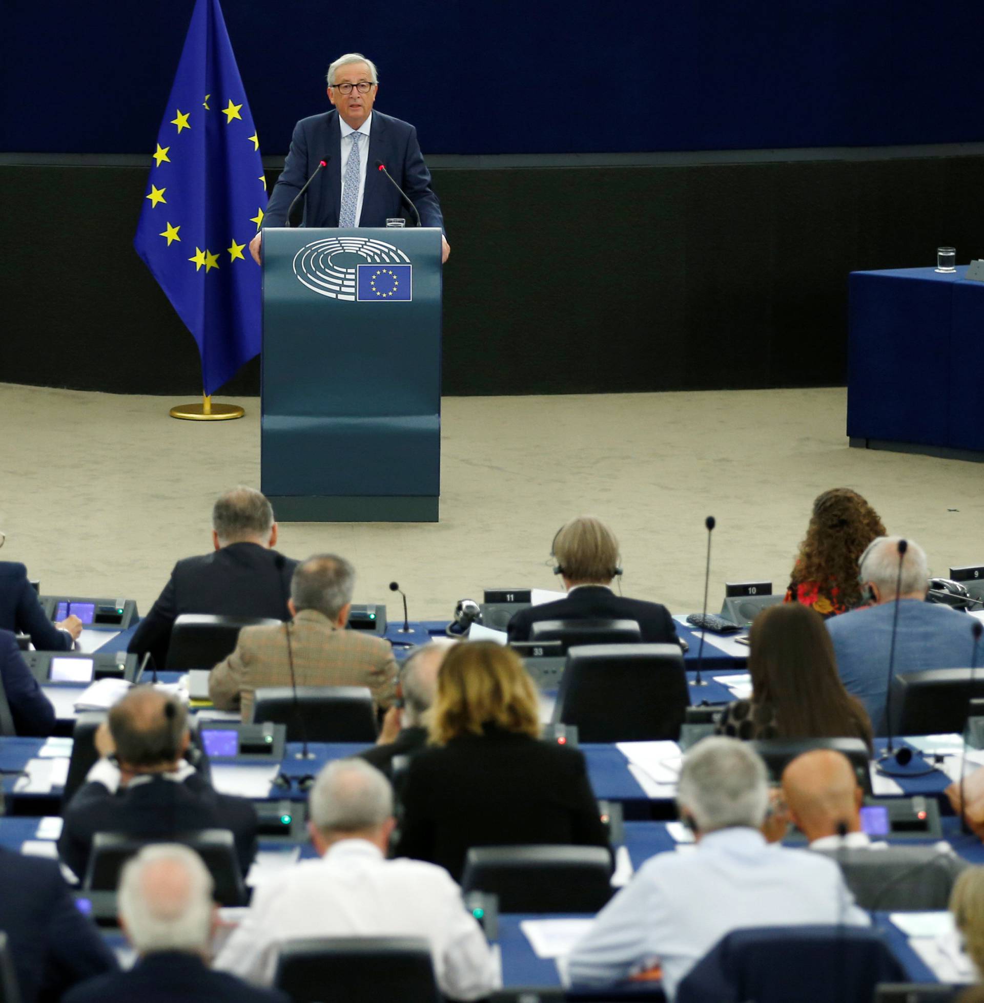 European Commission President Juncker delivers a speech during a debate on The State of the EU at the European Parliament in Strasbourg