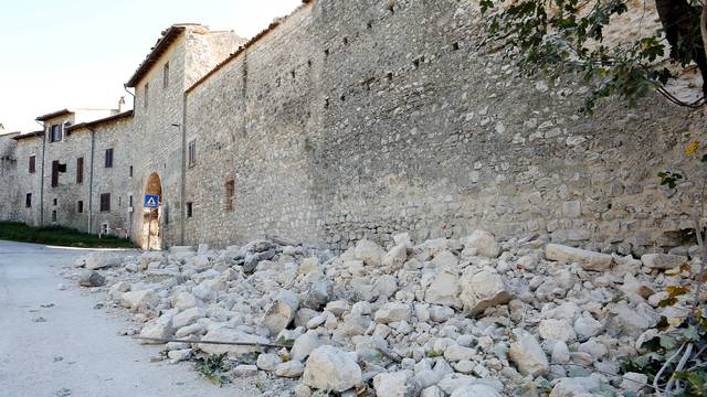 A partially collapsed wall  is seen following an earthquake in Norcia