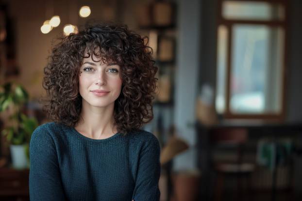 Portrait of confident young woman with curly hair in modern office setting