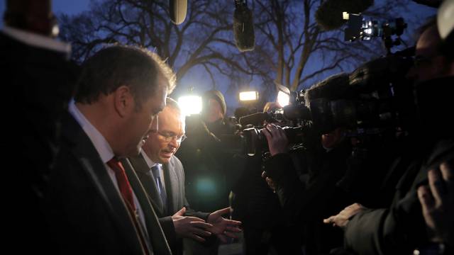 White House budget director Mick Mulvaney talks with reporters at the White House in Washington, U.S.