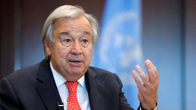 FILE PHOTO: United Nations Secretary-General Antonio Guterres gestures during an interview with Reuters in New York