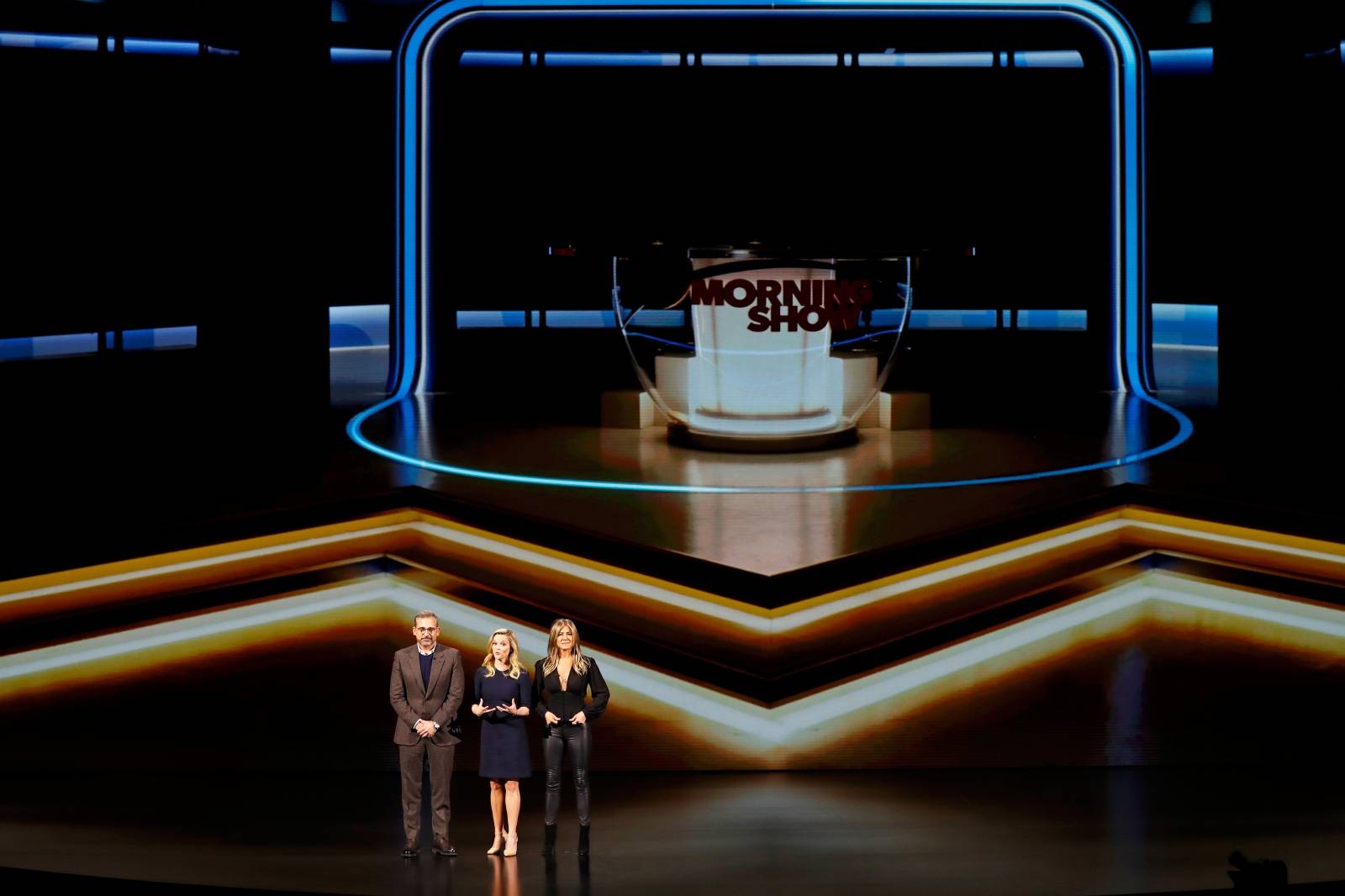 Actors Steve Carrell, Reese Witherspoon and Jennifer Aniston speak during an Apple special event at the Steve Jobs Theater in Cupertino