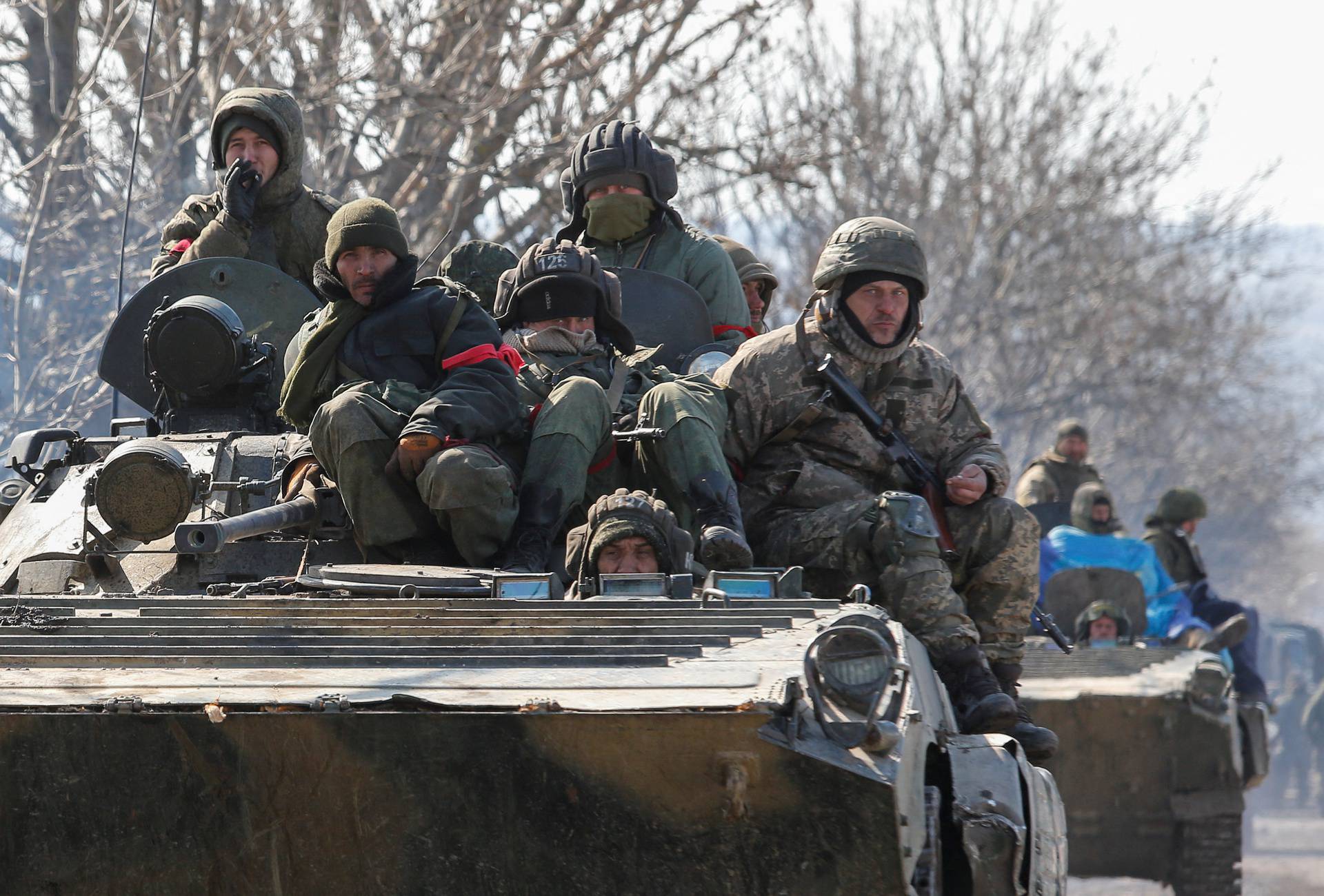 A view shows an armoured convoy of pro-Russian troops outside Volnovakha