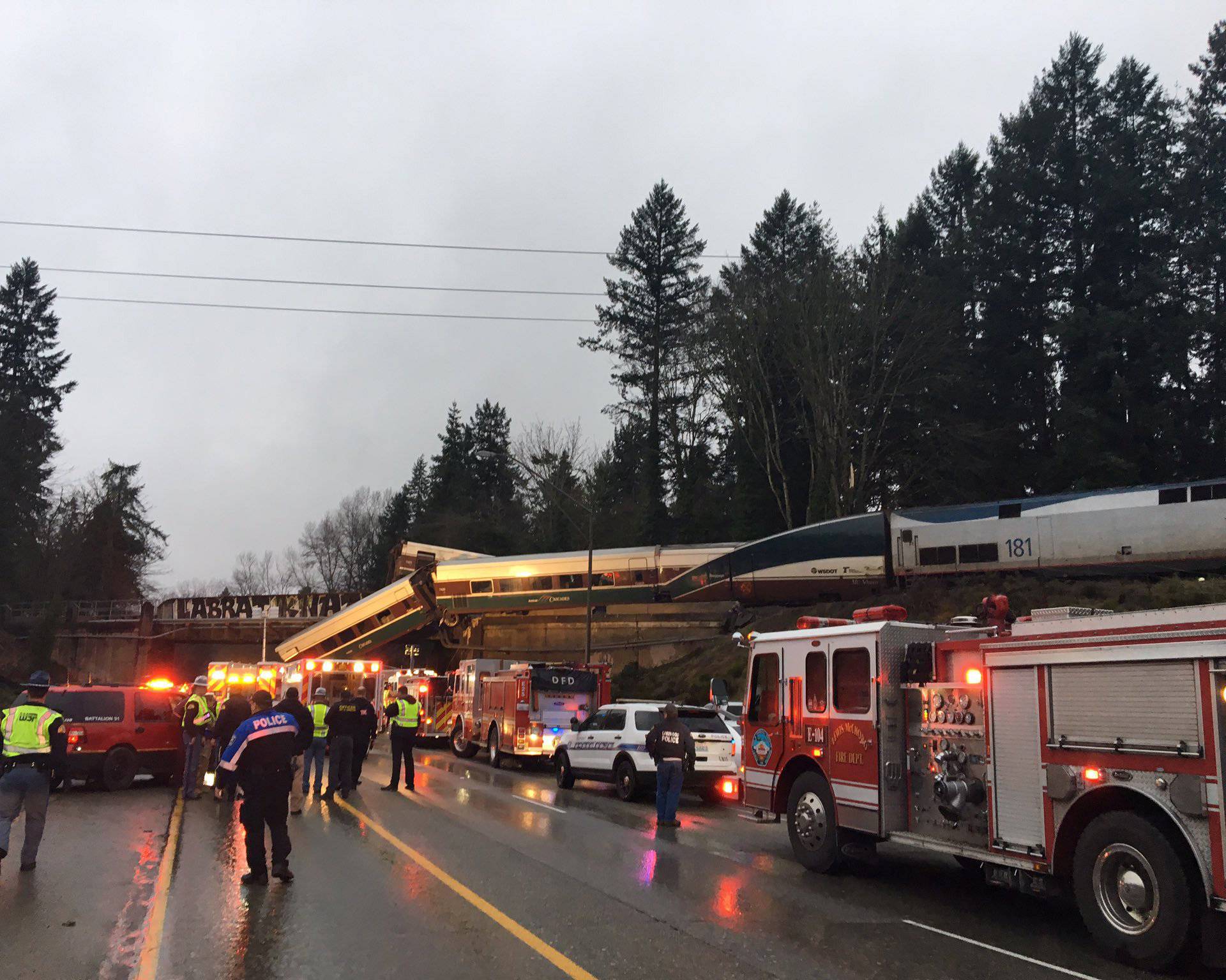 Washington State Patrol photo of first responders at the scene of an Amtrak passenger train derailment in DuPont