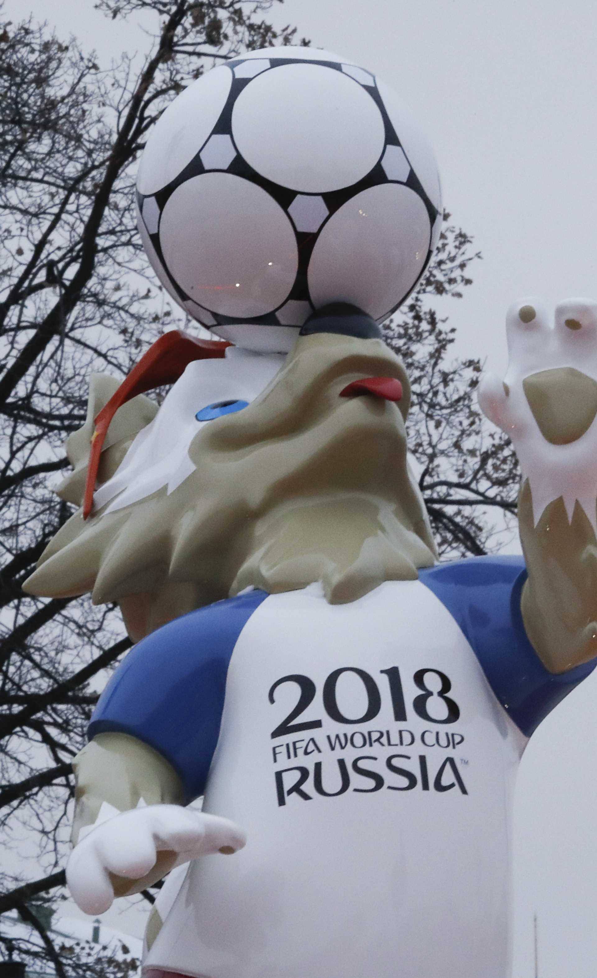 The official mascot for the 2018 FIFA World Cup Russia is on display near a tower of the Kremlin in central Moscow