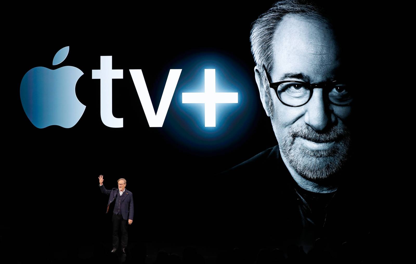 Director Steven Spielberg speaks during an Apple special event at the Steve Jobs Theater in Cupertino