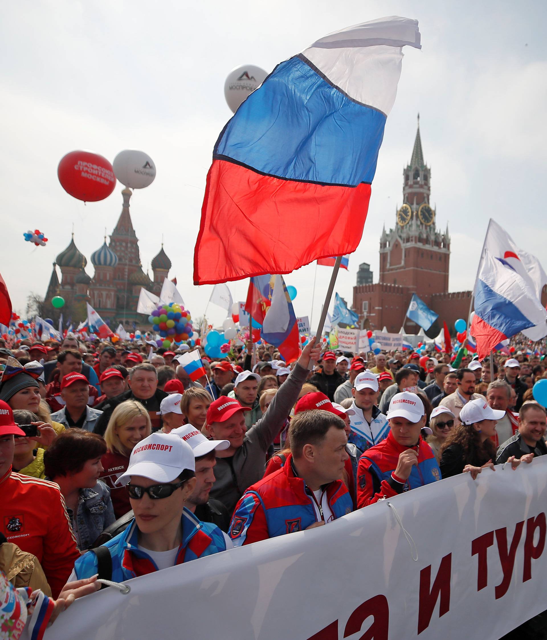 People attend a May Day rally at Red Square in Moscow