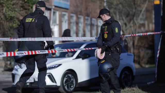 Police patrols the area in front of a mosque at Noerrebro in Copenhagen