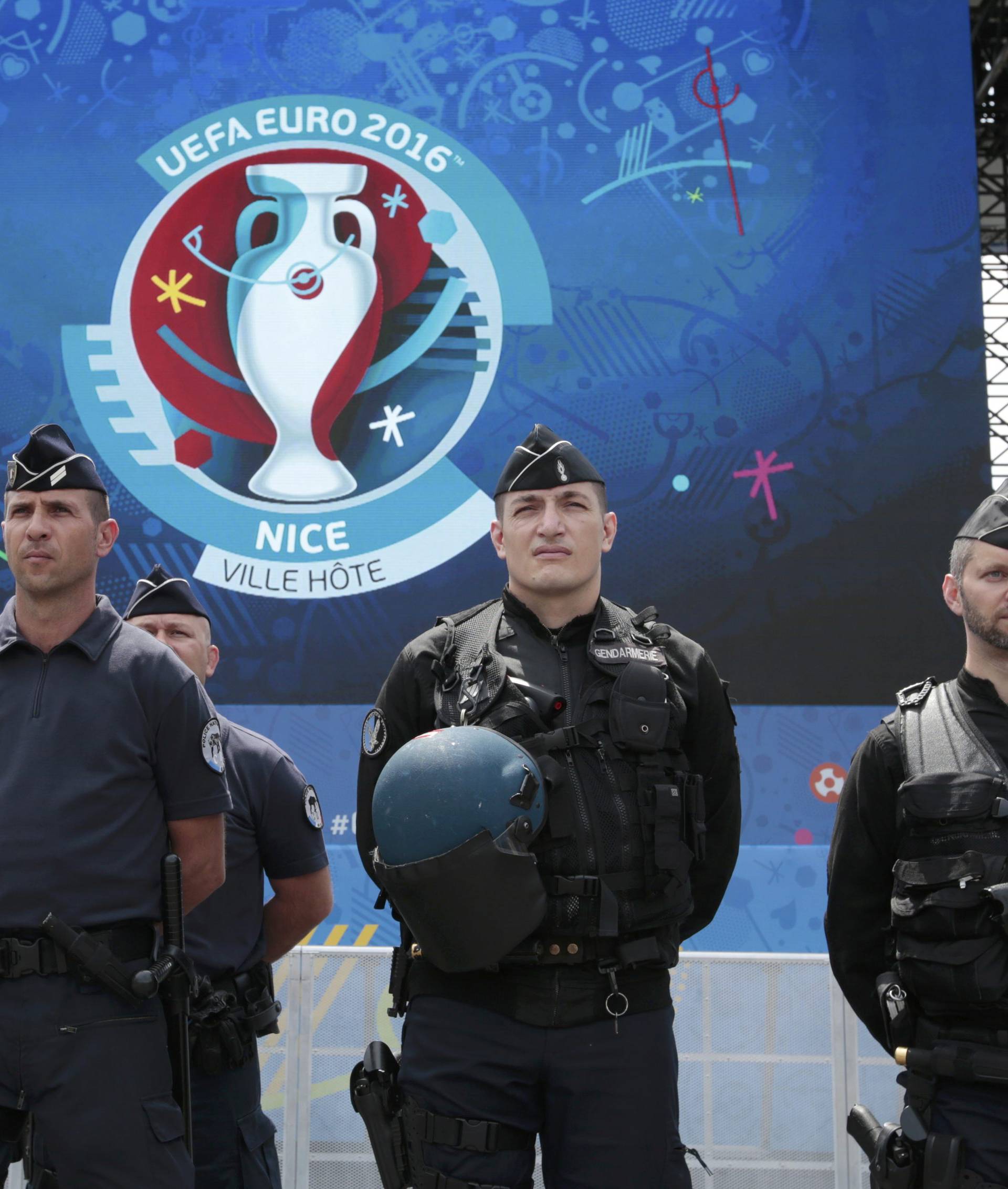 French police and gendarmes are seen during a visit at a fanzone ahead of the UEFA 2016 European Championship in Nice