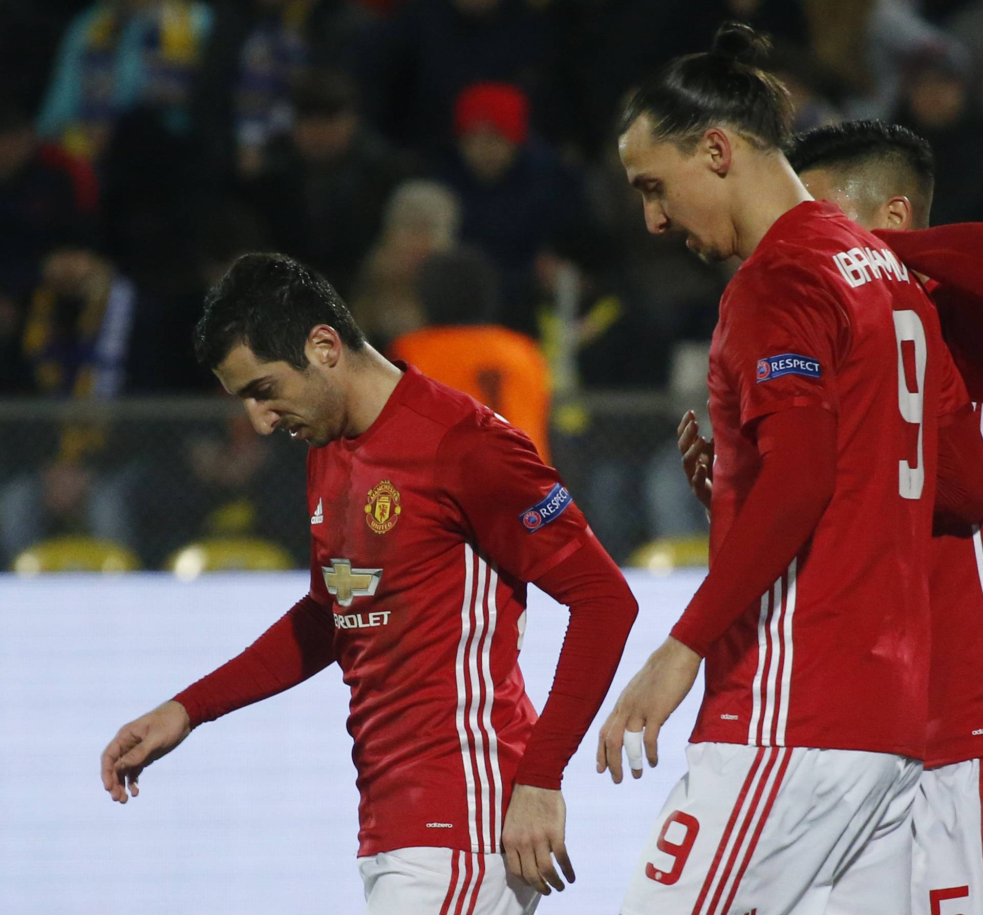 Manchester United's Henrikh Mkhitaryan celebrates scoring their first goal with team mates