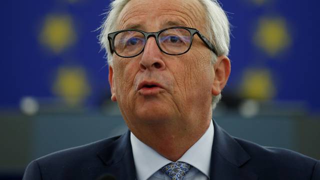 European Commission President Juncker delivers a speech during a debate on The State of the EU at the European Parliament in Strasbourg