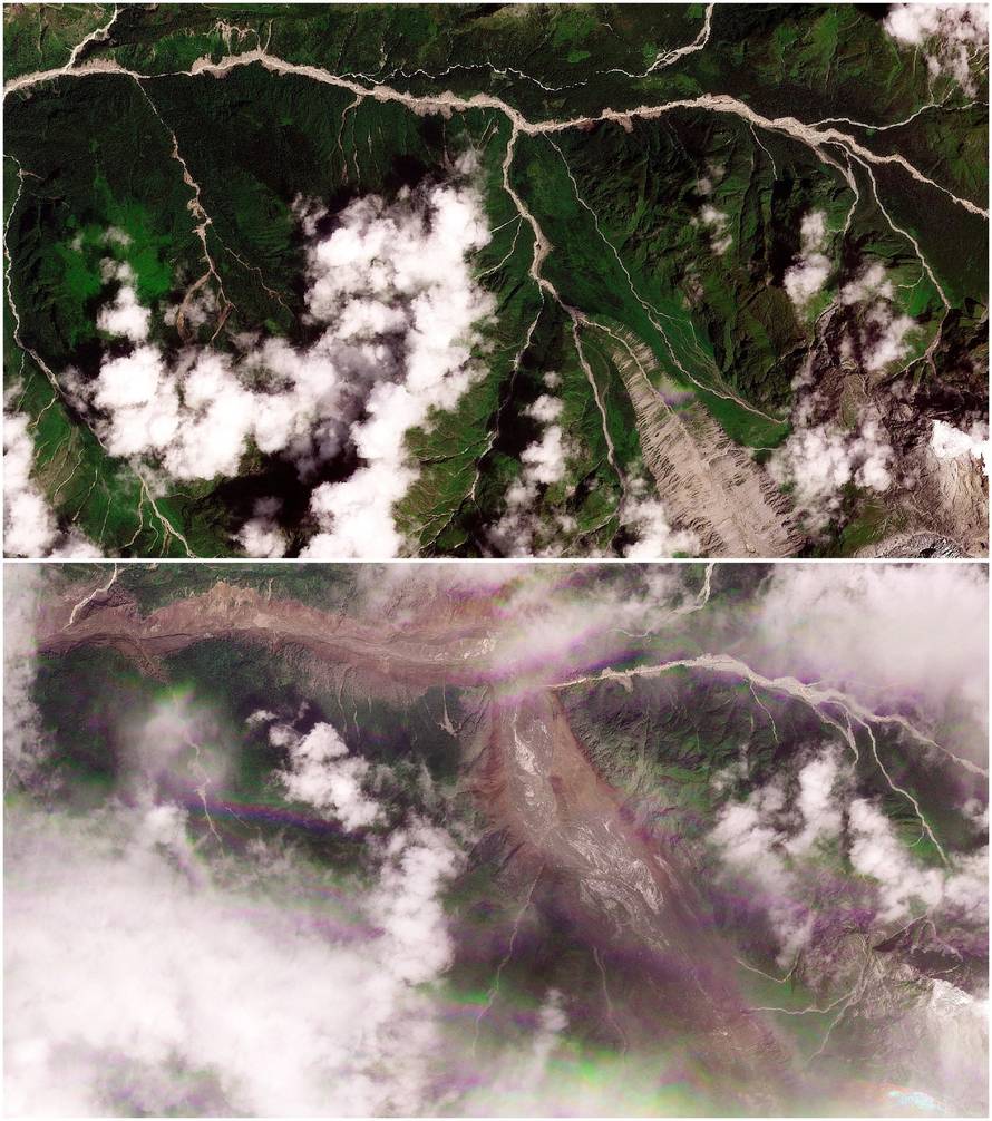 Satellite images show torrent of rock and ice high in Nepalese mountain valley after Nepal-China disaster