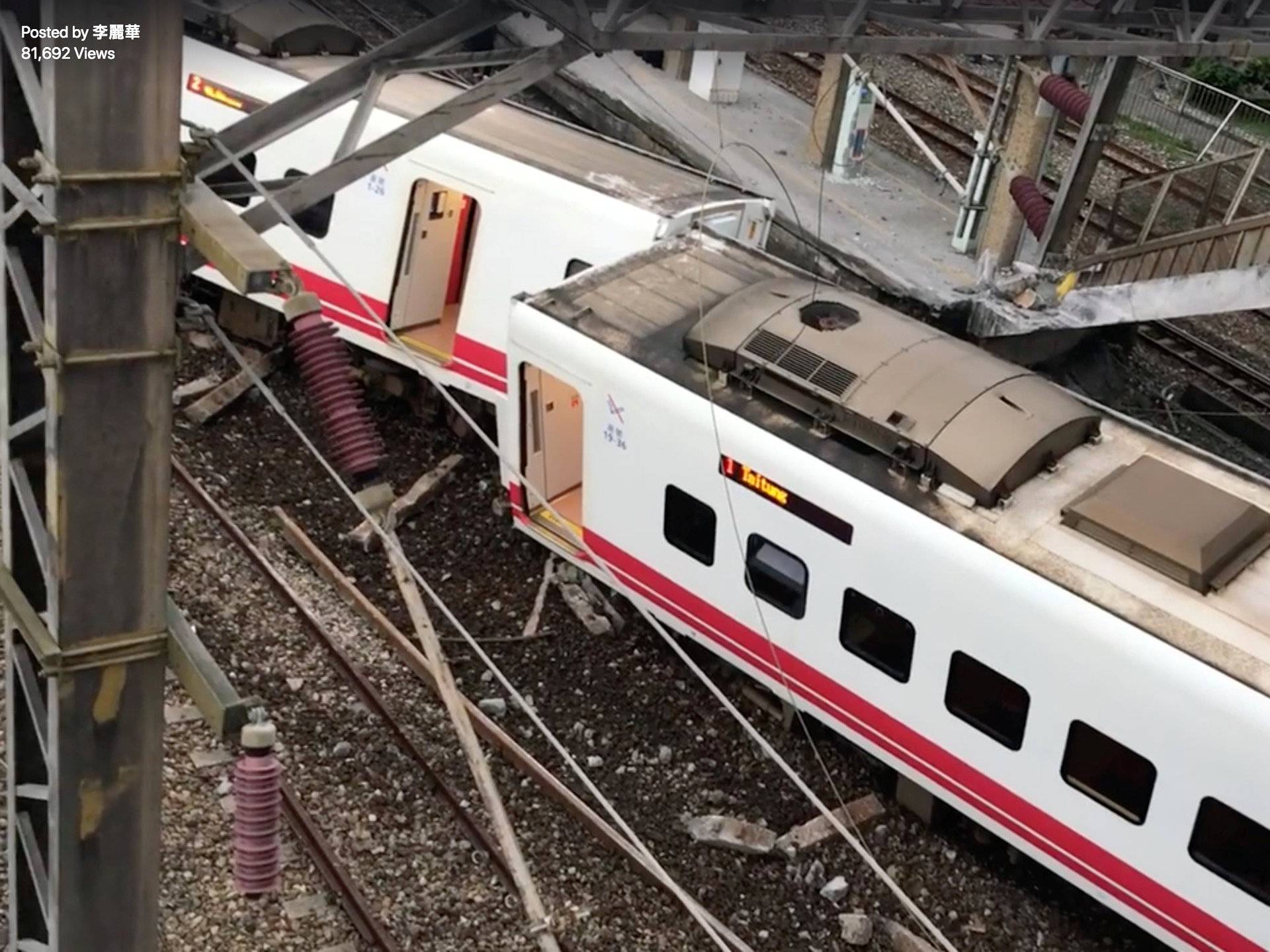 The wreckage of a train which had overturned is pictured during a rescue operation in Yilan County, Taiwan