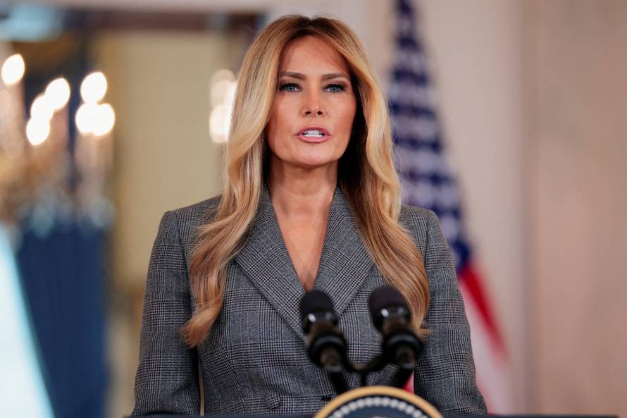 U.S. first lady Melania Trump delivers remarks regarding the late financier and convicted sex offender Jeffrey Epstein