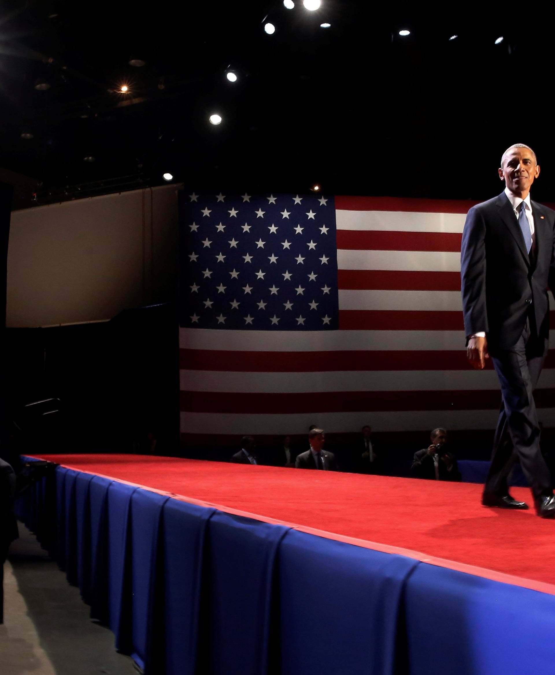 U.S. President Barack Obama takes the stage to deliver his farewell address in Chicago