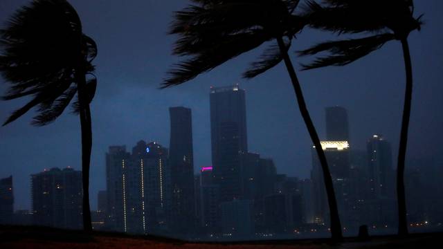 Dark clouds are seen over Miami's skyline before the arrival of Hurricane Irma