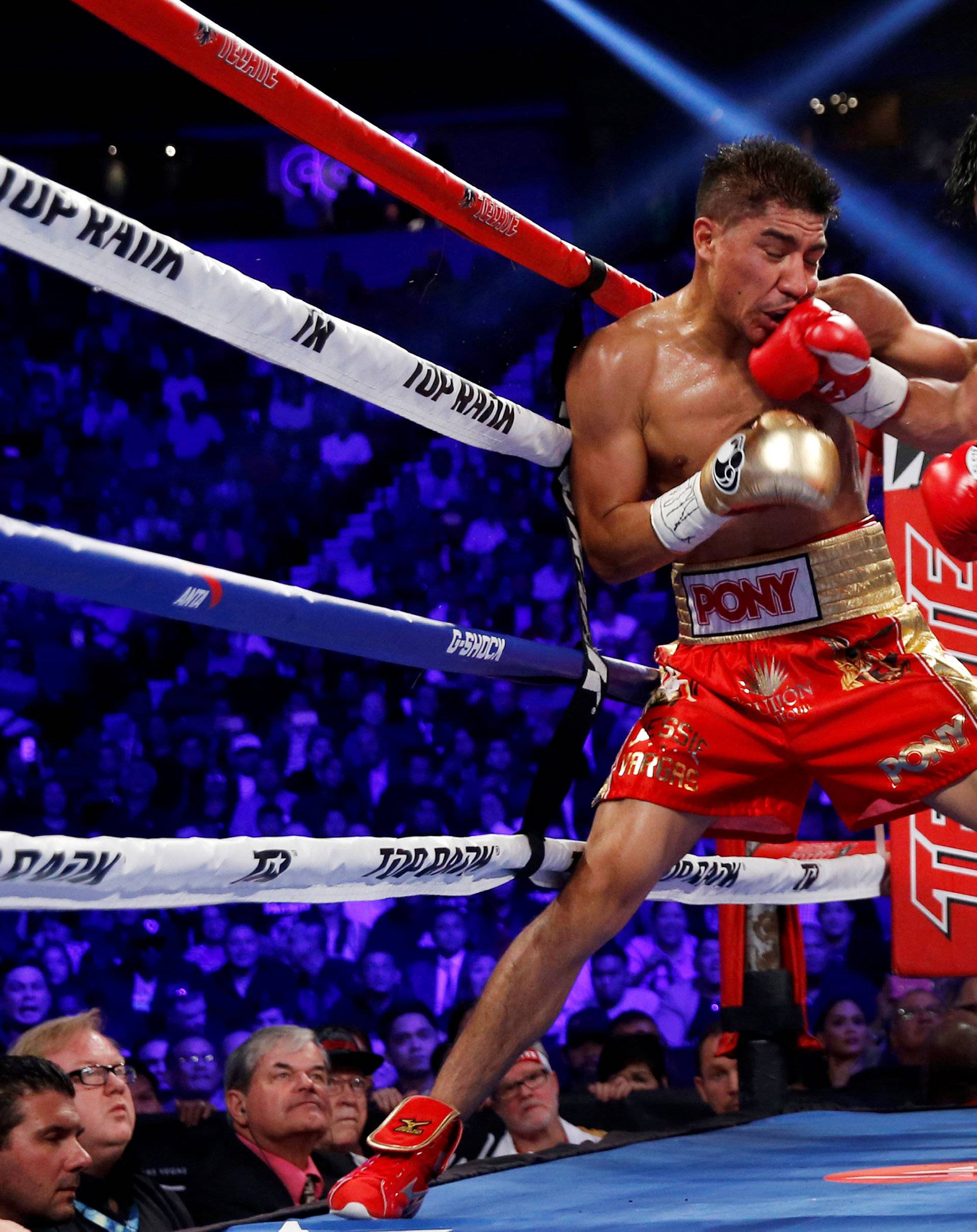 Manny Pacquiao (R) of the Philippines punches WBO welterweight champion Jessie Vargas of Las Vegas during their title fight at the Thomas & Mack Center in Las Vegas
