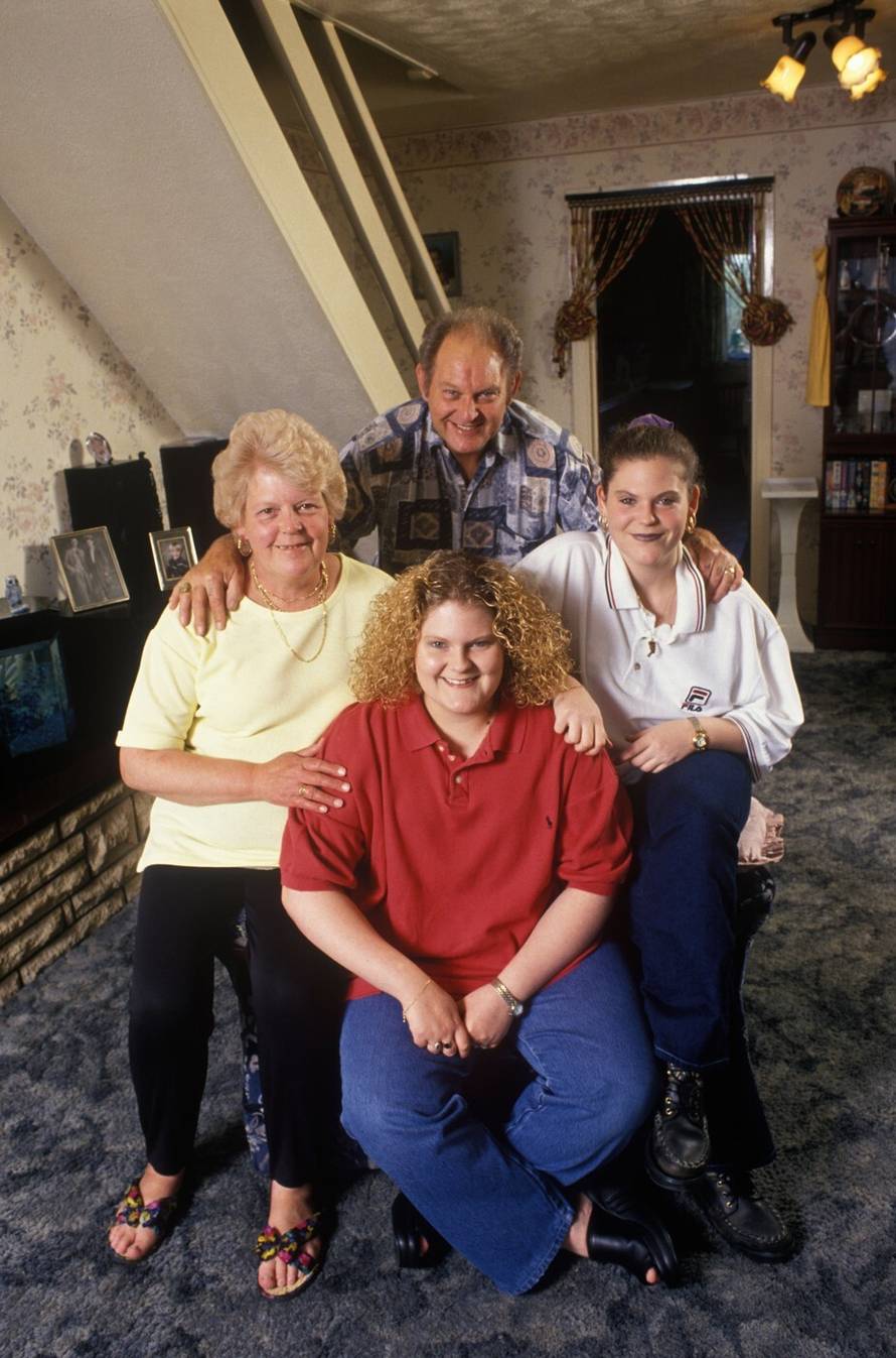 Louise Brown on her twentieth birthday. The first test tube baby 1998. At home her parents and sister near Birmingham England 1990s UK HOMER SYKES