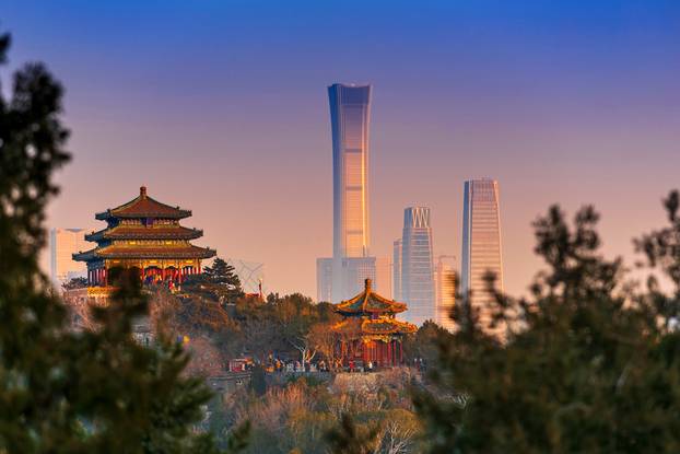 Sunset,Beijing,Cityscape,Between,Ancient,Chinese,Architecture.,Historic,Buildings,And