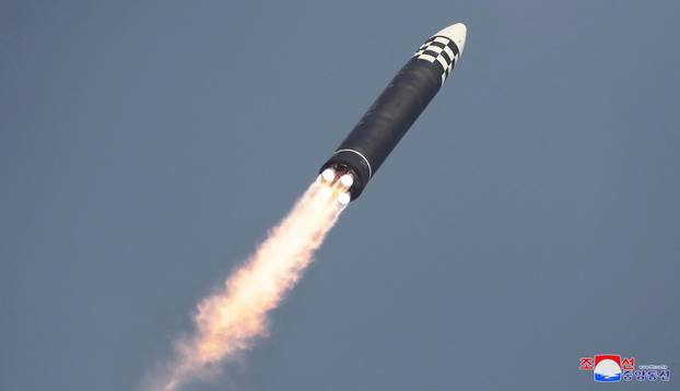 General view during the test firing of what state media report is a North Korean "new type" of intercontinental ballistic missile (ICBM)