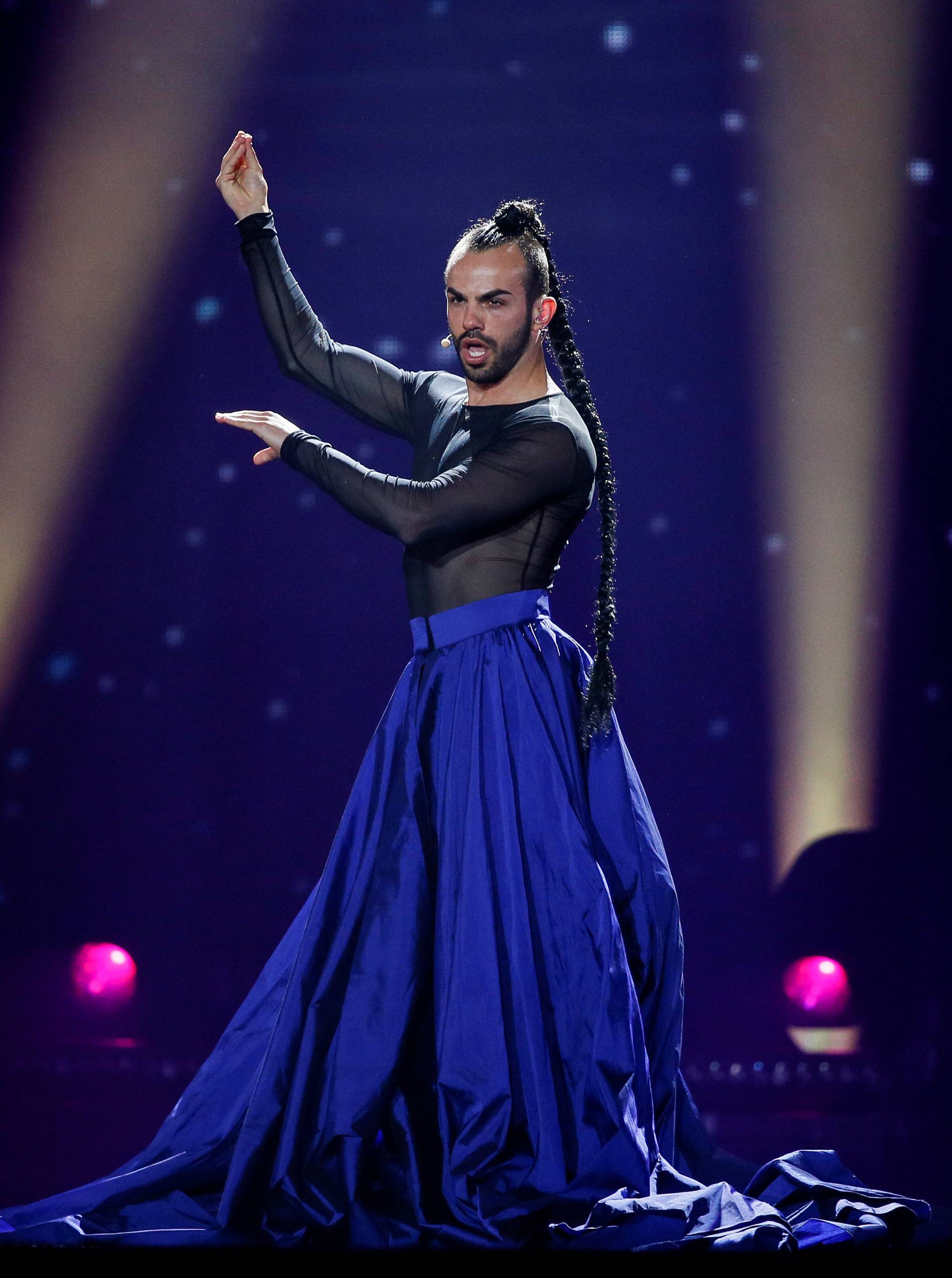 Montenegro's Slavko Kalezic performs with the song "Space" during the Eurovision Song Contest 2017 Semi-Final 1 Dress rehearsal 1 at the International Exhibition Centre in Kiev