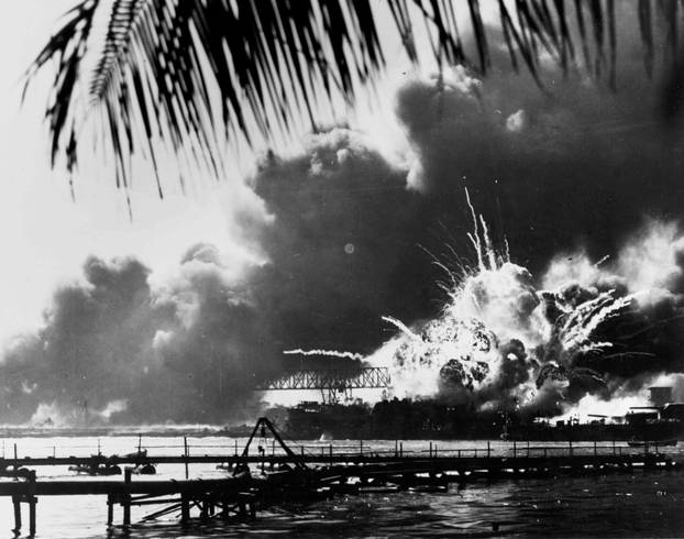 Archive photo of the forward magazine of the destroyer USS Shaw exploding during the second Japanese attack wave on Pearl Harbor