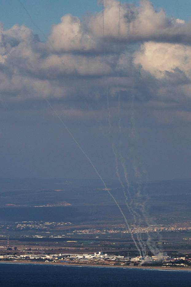 Israel's Iron Dome anti-missile system operates for interceptions as rockets are launched from Lebanon towards Israel, as seen from Haifa