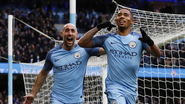 Manchester City's Gabriel Jesus celebrates scoring their second goal with Pablo Zabaleta