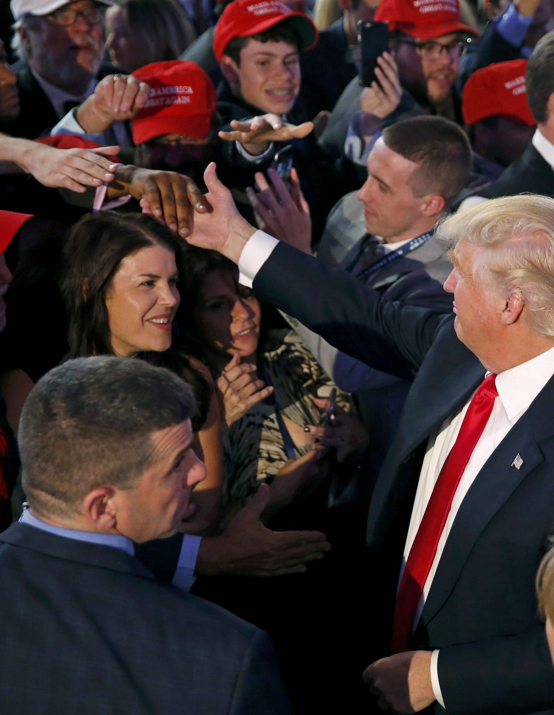 Republican U.S. presidential nominee Donald Trump greets supporters at his election night rally in Manhattan