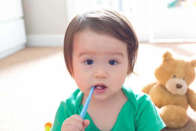 Toddler boy brushing his teeth