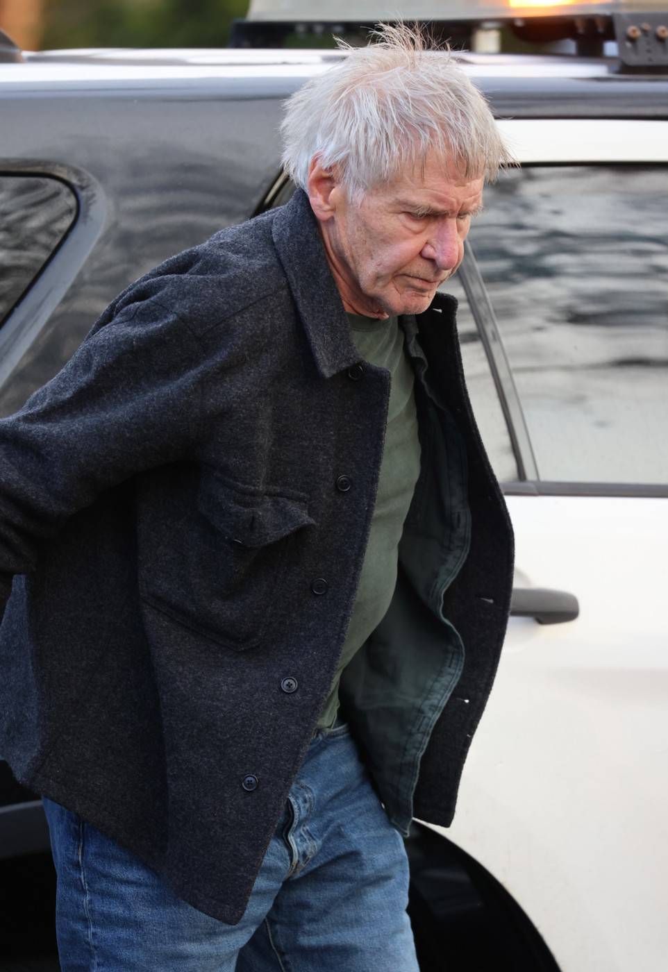 *EXCLUSIVE* Harrison Ford visibly upset after police return him to car after house check