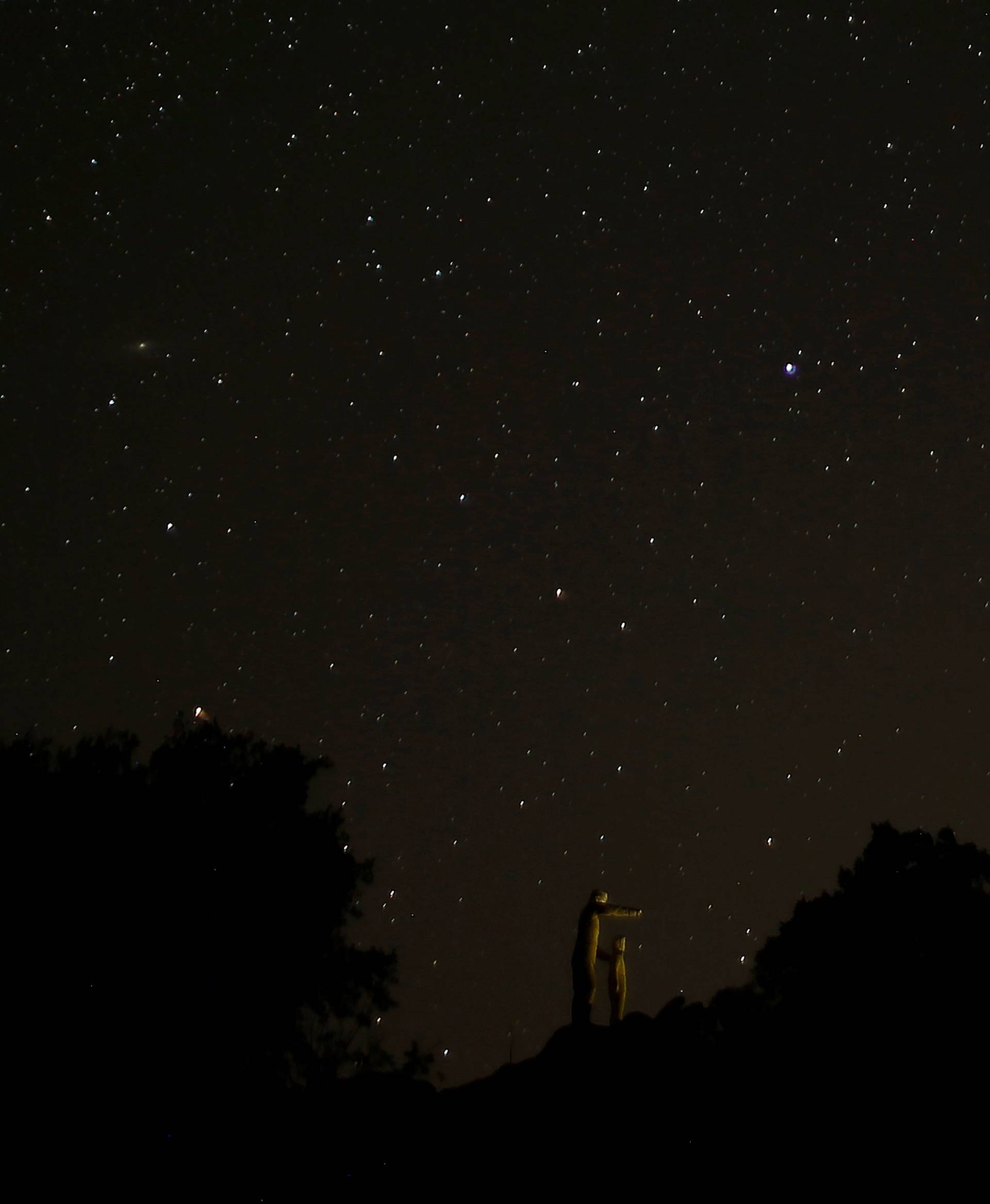 A meteor streaks past stars in the night sky during the annual Perseid meteor shower at a nature park and biosphere reserve near Malaga