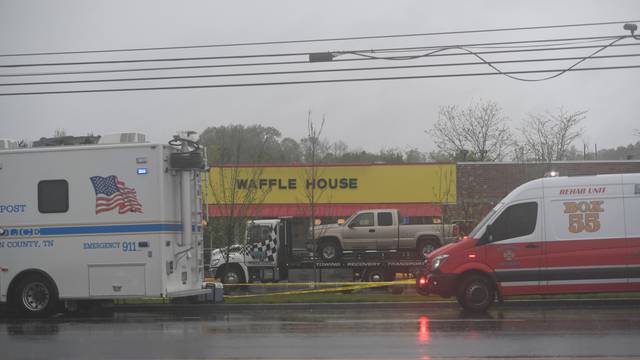 The truck of Travis Reinking, the suspected shooter, is loaded on a trailer ready to be towed from the scene of a fatal shooting at a Waffle House restaurant near Nashville, Tennessee