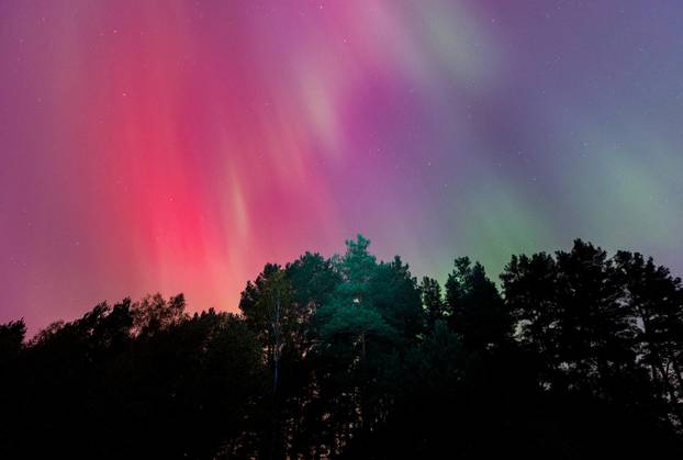 The Northern Lights, also known as aurora borealis, light the sky amidst a strong solar storm, near the village of Nikola Lenivets